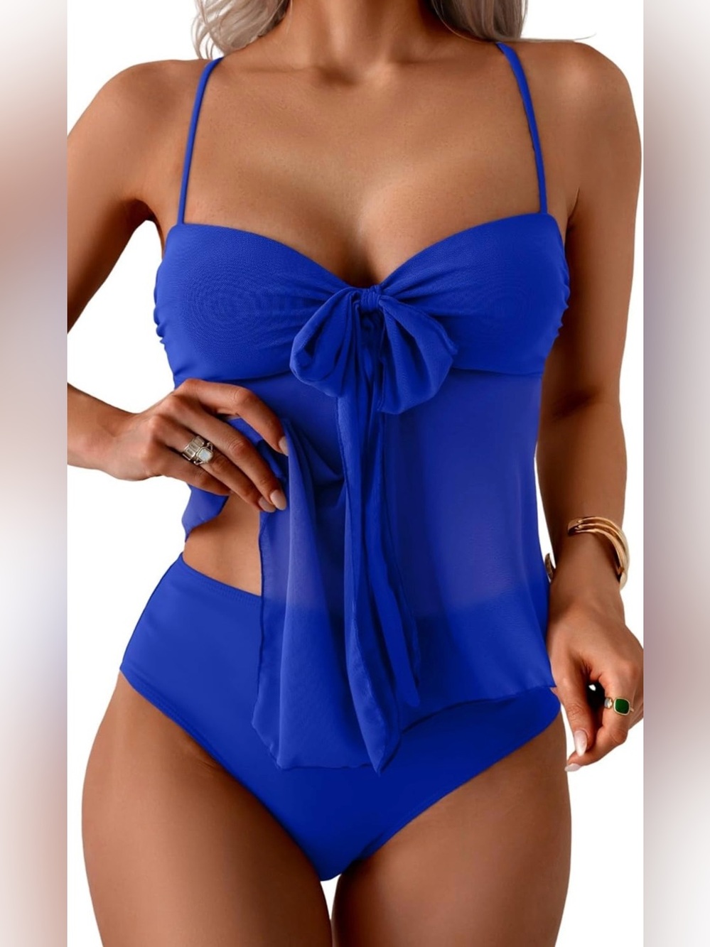 NWT B2prity Royal Blue Flowy Mesh Tankini 2Pc V-Neck Tie Knot Swimsuit Women’s L